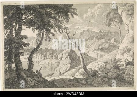 Paysage arcadien avec deux bergers, Johannes glaber, 1656 - 1726 imprimer un paysage arcadien avec un lac. Une ville sur une colline le long du lac. Au premier plan deux bergers sous un arbre. L'estampe fait partie d'une série de paysages arcadiens. Papier inconnu gravure pastorale, scènes arcadiennes. lac (+ paysage avec figures, personnel). vue sur la ville et paysage avec constructions artificielles Banque D'Images