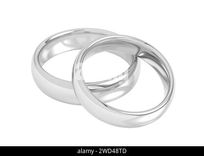 Deux bagues de mariage en or blanc, platine ou argent, illustration 3D. Banque D'Images