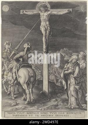 Crucifixion du Christ, Antonie Wierix (II), 1565 - avant 1604 imprimer Croix - meurtre du Christ sur Golgota. Un soldat poignarde sa lance dans le côté du Christ. Maria et John pleurent à la croix. En haut à gauche, vous pouvez encore voir le soleil dans l'obscurité. Après la crucifixion du Christ, il y eut une éclipse solaire, signe que le ciel pleurait sa mort. Dans la marge, une légende bidirectionnelle en latin. Anvers gravure sur papier Longinus perce le côté du Christ avec une lance. Christ crucifié, avec des personnes particulières sous la croix Banque D'Images