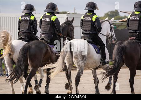 Police anti-émeute à cheval. Des policiers de la ville de République tchèque sont montés sur des chevaux à cheval dans une foule de manifestants lors d'une manifestation. Banque D'Images