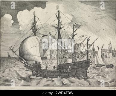 Viermaster quitte de Haven, Frans Huys, après Pieter Bruegel (I), 1561 - 1565 imprimer Un Viermaster navigue du port à la mer. Sur la droite, un plus petit vaisseau. En arrière-plan une forteresse sur le Havenhoofd. Anvers gravure sur papier / gravure navires (en général) Banque D'Images