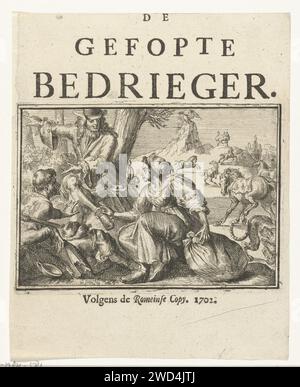 Feuille de titre de la brochure : The Popped Cheap, 1702, Romeyn de Hooghe, 1702 print page de titre de la brochure : The Popped Cheater, 1702. Une femme ROM ou un berger parlant avec deux hommes. Suite aux tentatives de la France d'acheter Brunswijk Nord des pays-Bas papier gravure / impression typographique communautés errantes : Romani ou Roma Banque D'Images