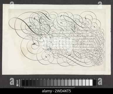 Dessin d'un exemple d'écriture : sehen (...), 1605 dessin dessin calligraphique avec des initiales et huit lignes de texte en allemand : SEHEN ... en bas d'un alphabet moulé inférieur dans la main en question. Le texte est encadré par curl. Le dessin fait partie d'un album. Papier Rotterdam. stylo à encre / calligraphie calligraphie Banque D'Images