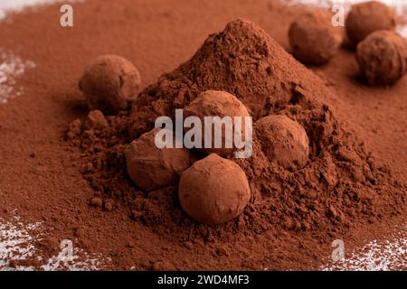 La photographie horizontale est un tas de truffes au chocolat noir faites à la main ornées de poudre de cacao. Ce chef-d'œuvre de confiserie combine des saveurs riches Banque D'Images