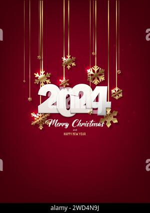 Illustration vectorielle verticale 2024 Joyeux Noël et bonne année. Bannière de voeux des fêtes, flyer et carte.avec des flocons de neige dorés suspendus sur la ba rouge Illustration de Vecteur