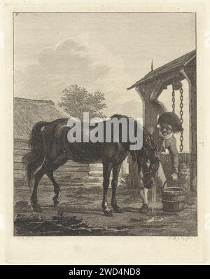 L'homme laisse un cheval boire dans un seau, Joannes Bemme, d'après Jan Anthonie Langendijk DZN, 1802 imprimé feuille d'une série de six magazines. cheval de gravure sur papier Banque D'Images