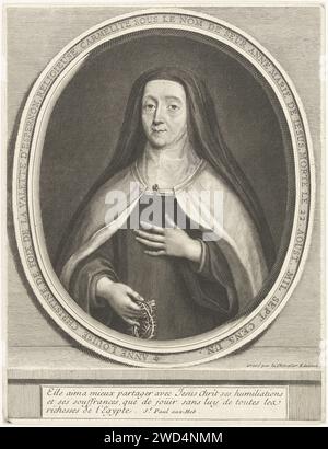 Portret van Anne-Louise-Christine de Foix de la Valette d'Epernon, Gérard Edelinck, 1652-1707 tirage Portrait de Karmelietes sœur Anne-Louise-Christine de Foix de la Valette d'Epernon (1622-1701). Affiché avec des épines dans la main droite, dans un cadre ovale avec du texte, y compris trois lignes de latin. France (éventuellement) gravure sur papier Banque D'Images