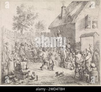 BoerenkenKermis, David Teniers (II), 1639 - 1690 imprimer un groupe de fermiers buveurs à côté d'une auberge. Quelques danses sur la musique d'un joueur de cornemuse. Les fermiers de gravure de papier d'Anvers. boire. auberge, café, maison publique, etc. une paire dansant ; homme et femme dansant en couple. Cornemuse, musette - CC - hors portes Banque D'Images