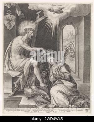 Triomphe de l'Église, Crispijn van de passe (I), 1574 - 1637 imprimer représentation allégorique avec le Christ comme un marié (sponsus) qui couronne son épouse (sponsa) qui s'agenouille pour lui. La femme tient une branche de palmier dans ses mains. Christ est assis sur un trône et piétine la mort qui a été présentée comme un squelette et le diable. Le Saint-Esprit apparaît au-dessus du couple nuptial sous la forme d'un pigeon. A travers une porte, le support de croix du Christ et des criminels et le Mont Golgota peut être vu avec les trois croix. En haut à gauche un blason avec les outils de passion. Dans la marge, une légende de six lignes, Banque D'Images