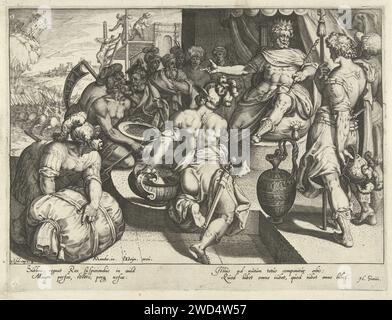 Le roi comme le plus fort du monde, Zacharias Dolendo, d'après Karel van Mander, 1595 - 1596 imprimer plusieurs personnes apportent leurs trésors au roi assis sur son trône. Deux hommes portent de grands vases avec des pièces de monnaie, un autre homme apporte une balle de tissus coûteux. Un nouveau palais est en cours de construction en arrière-plan et une armée est la bataille. Présentation du livre 3 Ezra 3-4. Pays-Bas gravure sur papier le premier gardien dit (écrit) que le vin est le plus fort de toutes choses  concours des trois gardiens. roi Banque D'Images