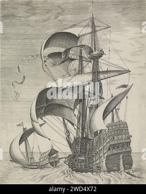 Un navire de guerre accompagné d'un Galei, Frans Huys, d'après Pieter Bruegel (I), 1561 - 1565 imprimer Un navire de guerre à deux mâts et à voiles pleines, un Galei à gauche. navires de gravure sur papier / gravure (en général) Banque D'Images