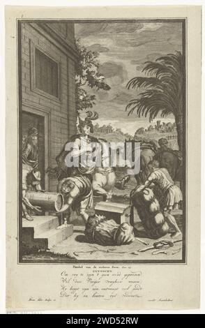 Le départ du fils perdu, Gerrit de Broen (i), c. 1684 - c. 1740 imprimer le fils perdu part avec ses biens et son héritage de sa maison parentale. Il est à cheval. Les serviteurs chargent ses affaires sur deux autres chevaux qui sont déjà prêts. Par la porte, vous pouvez voir le père du fils perdu dans la maison. Sous le spectacle un verset hollandais sur l'histoire. Amsterdam gravure sur papier / gravure de la parabole du fils prodigue (Luc 15:11-32) Banque D'Images