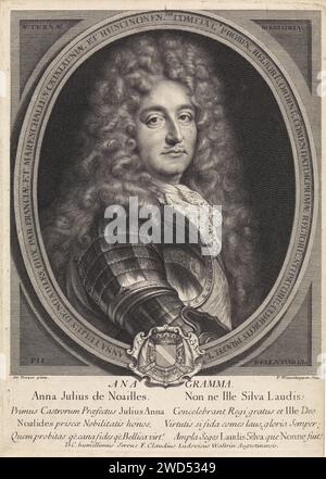 Portrait d'Anne Jules de Noailles, Pieter van Schuppen, d'après François de Troy, en ou après 1708 estampe Portrait du maréchal Anne Jules de Noailles. Le nom et les titres sont dans le cadre ovale. Dans les coins, le texte 'aeternae memoriae pii bellatoris'. Sous le portrait un éloge en latin. Paris gravure / gravure sur papier Banque D'Images