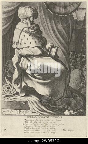 Périandre, Jacques de Gheyn (3), 1616 estampe un vieil homme, en entier, assis près d'un rideau (derrière lequel un certain nombre de soldats peuvent être vus), vêtu d'un long manteau avec de l'hermine, un grand livre sur les genoux. Sous le spectacle un poème latin de sept lignes. Cette estampe fait partie d'une série de huit estampes : une estampe-titre et sept portraits numérotés de sages grecs. Imprimeur : Netherlandspublisher : Delftpublisher : The Hague paper graving the Seven Wise men of Greece : Bias, Chilon, Cleobulus, Periander (alternativement Myson), Pittacus, Solon, Thales Banque D'Images