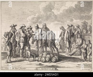 Suk, titcham Hasorin, S Sgarthiru, 1688 -179 print Un homme vend des melons sur une route en dehors de la ville. Son âne porte des poches avec des melons dans le dos. Certains clients sentent les melons. Un chien renifle parmi les melons qui reposent sur le sol. Sur les bons couples qui s'offrent des fleurs et sentent sur les fleurs. Après la conception par : Italypublisher : Anvers papier gravure / odeur de gravure, sentir (un des cinq sens) Banque D'Images