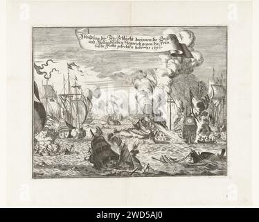 Bataille maritime au cap la Hogue, 1692, Anonymous, 1692 imprimer bataille maritime au cap la Hogue où les Français sont vaincus sous Admiraal de Tourville par la flotte combinée de l'Angleterre et de la Hollande sous les ordres des amiraux Russel et Almonde, du 29 mai au 3 juin 1692. Allemagne paper gravure bataille (+ force navale) Banque D'Images