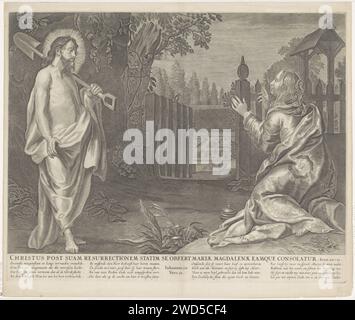Christ apparaît comme jardinier à Maria Magdalena (Noli me Tangere), Anonyme, d'après Jacob Neefs, d'après Gerard Seghers, 1630 - 1702 print Maria Magdalena s'agenouille pour Christ dans un paysage. Il lui fait face avec une bêche sur l'épaule, la blessure sur le côté visible. À côté de Maria Magdalena se trouve son pot de pommade. Sous le spectacle le titre en latin, quatre versets de quatre lignes en néerlandais et une référence au texte de la Bible en Joh. 20:11. Amsterdam gravure sur papier Mary Magdalene agenouillée devant Christ, qui est généralement représentée comme un jardinier avec une houe et / ou une bêche; 'Noli me tangere' Banque D'Images