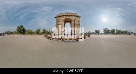 Vue panoramique à 360° de Panorama hdri 360 sphérique sans soudure près de la porte de l'Inde, mémorial de guerre à Delhi sans peeople fourmi touristes en projection équirectangulaire avec ze