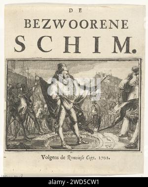 Page de titre de la brochure : de Bezwoorene Schim, 1701, Romeyn de Hooghe, 1701 print page de titre de la brochure : The Bewindene Schim, 1701. L'ombre du défunt roi Charles II apparaît au milieu d'un cercle avec des signes magiques. Gravure sur papier du nord des pays-Bas / impression typographique Banque D'Images