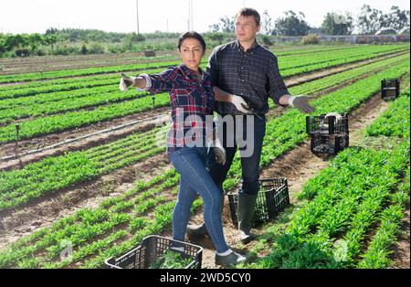 Une agricultrice hispanique discute avec un travailleur sur le terrain Banque D'Images