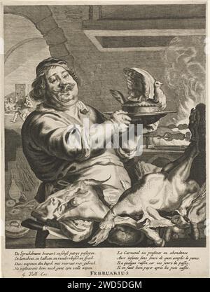 Cuisinez avec une tarte, anonyme, d'après Theodor Matham, d'après Joachim von Sandrart (I), 1661 - 1726 imprimer Un cuisinier dans une cuisine avec un bol avec une tarte dans les mains. Au premier plan viande et volaille et une broche en arrière-plan. Laissé en arrière-plan un aperçu des fermiers buvant et dansant avec un horaire comme instrument de musique. Gravure sur papier Amsterdam février ; 'Febraro' (Ripa). intérieur de la cuisine. crachez  cuisson. cuisinez. cuisinier pâtissier. instruments de musique improvisés (ustensiles de cuisine, etc.) Banque D'Images