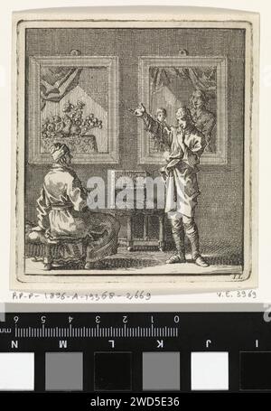 Jeune homme parle des peintures suspendues derrière lui, Jan Luyken, 1711 imprimer Amsterdam papier gravure image, peinture. image dans l'image Banque D'Images