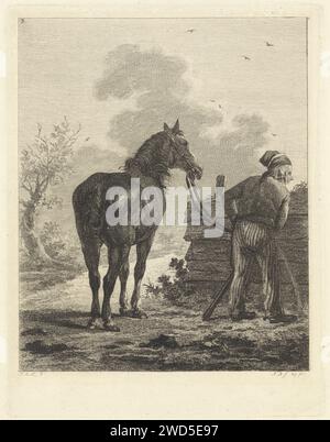 Soldat arrosoir avec cheval, Joannes Bemme, d'après Jan Anthonie Langendijk DZN, 1802 tirage feuille d'une série de six tirages. urination par gravure du papier. cheval Banque D'Images