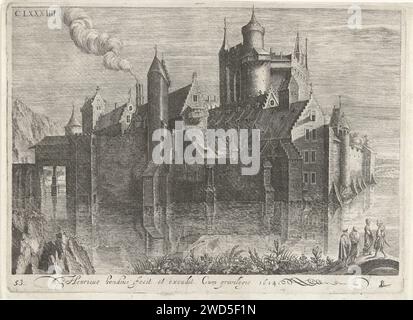 Château sur la rivière, Hendrick Hondius (I), 1614 imprimer Un château entouré d'eau. Sur la gauche vient la fumée d'une fièvre. Quatre figures sur un pont à droite. En haut à gauche : CLXXXIIII. En bas à droite en marge un bus borax comme signature de Hondius. gravure papier paysage avec tour ou château. château Banque D'Images