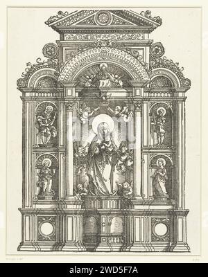 Autel avec Maria et son genre, Albrecht Altdorfer, c. 1506 - 1538 imprimer un autel avec Marie au milieu avec l'enfant Christ dans une niche entourée de six anges, dont deux tiennent une couronne au-dessus de sa tête. En outre, le Saint-Esprit et Dieu le Père. À gauche, le Saint Christoffel et Marie Magdalena dans une niche, à droite le Saint Florian et Sainte Catharina. Autel en papier de l'Allemagne. Marie debout (ou à mi-longueur), le Christ-enfant assis sur son bras (Christ-enfant à gauche de Marie). La vierge martyr Catherine d'Alexandrie ; attributs possibles : livre, couronne, empereur Maxence, branche de palmier, anneau, Banque D'Images