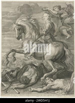 Portrait du cardinal -enfant Ferdinand d'Autriche, Marinus Robyn van der Goes, d'après Jan van den Hoecke, 1609 - 1639 print Portrait de Ferdinand d'Autriche, gouverneur du sud des pays-Bas à cheval, tandis qu'une figure féminine ailée (renommée) le couronne d'une couronne de Laurier. Sous son cheval tombé d'une bataille et de nombreux cavaliers en arrière-plan. Anvers gravure sur papier portrait équestre d'état. couronnement de laurier Banque D'Images