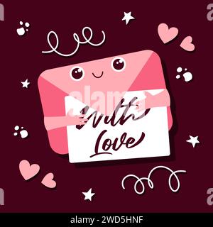 Carte dessinée à la main pour la Saint-Valentin. Enveloppe mignonne avec note d'amour. Illustration de Vecteur