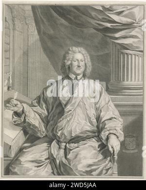 Portrait de Jacobus Ignatius Krijs, Jacob Houbraken, d'après Jan Wandelaar, 1724 - 1780 print genou pièce de Jacobus Ignatius Krijs assis sur une table d'écriture sur laquelle un crucifix. Dans sa main un ressort d'écriture. Derrière lui une colonne et un rideau, derrière lui deux pilastres et bibliothèques. A sa droite une arme d'église. Journal d'Amsterdam. gravure au crayon crucifix  dévotion personnelle. quill Banque D'Images