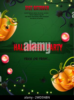 bannière de fête verticale halloween avec des citrouilles effrayantes et des lumières sur la table. Illustration de Vecteur