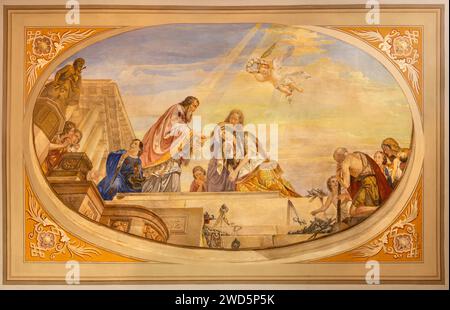 VICENCE, ITALIE - 7 NOVEMBRE 2023 : la fresque de la dernière communion de Saint Lucia sur le plafond de l'église Chiesa di Santa Lucia par Rocco Pittaco (1862). Banque D'Images