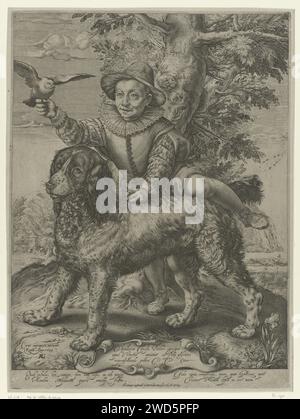 Portret Van Frederik de Vries, Raffaello Guidi, d'après Hendrick Goltzius, 1773 tirage Portrait de Frederik de Vries avec le chien de Hendrick Goltzius. Il était le fils du peintre Dirck de Vries, qui était un élève de Hendrick Goltzius. Frederik se prépare à s'asseoir sur le dos du chien et tient un pigeon dans sa main. Sur le cartouche une affectation en latin. La légende en latin parle de la simplicité de l'enfant et de la foi du chien. Chien de gravure de papier Rome Banque D'Images