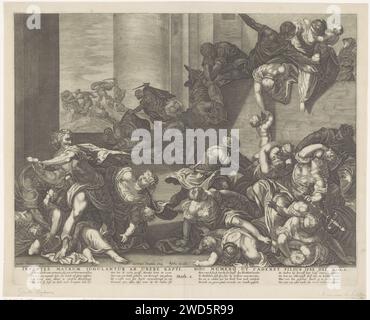 KinderMoord Betlehem, Geertruydt Roghman, Agidius Sadeler (2), après Jacopo Tintoretto, 1630 - 1702 print dans les rues de Bethléem, les mères tentent de protéger leurs enfants contre les soldats d'Hérode. Les soldats ont reçu pour instruction de tuer tous les garçons de deux ans et moins. Dans le cadre de la performance quatre versets en néerlandais et une référence au texte de la Bible dans Mat. 2. Gravure sur papier d'Amsterdam du massacre des innocents Banque D'Images