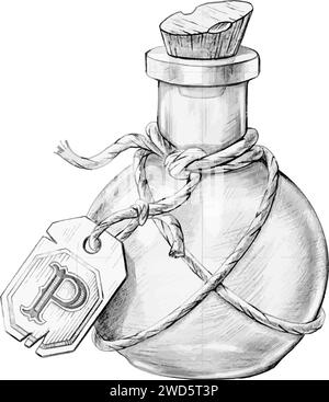 Bouteille de poison tirée à la main, bouteille magique. Illustration de Vecteur