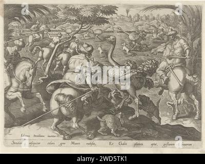 Chasse aux autruches, Philips Galle, d'après Jan van der Straet, 1578 imprimer les cavaliers chassent les lances et les chiens sur les autruches. L'estampe a une légende latine et fait partie d'une série de 43 parties sur la chasse. Imprimeur : Antwerpafter design by : FlorencePublisher : Anvers gravure papier chasse aux oiseaux (+ chasse aux chevaux). marcheur et coureur : autruche Banque D'Images