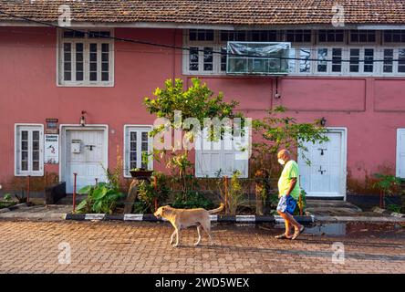 L'homme promène un chien devant une maison colorée, fort Kochi, Cochin, Kerala, Inde Banque D'Images