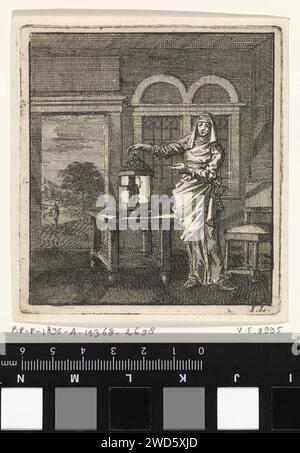 Femme met une lanterne brûlante sur une table, Jan Luyken, 1711 estampes Amsterdam papier gravure lanterne Banque D'Images