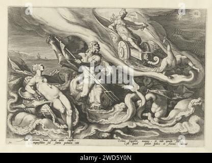 Juno se plaint avec Thetis et Oceanus, Hendrick Goltzius (atelier de), après Hendrick Goltzius, 1590 print Juno arrive sur sa voiture tirée par deux paons à la Zeegehoden Thetis et Oceanus, pour se plaindre du traitement honorable que Callisto et son fils Arcas ont reçu de son mari Jupiter. Deux fois deux lignes de texte latin sous la performance. Ce tirage fait partie d'une série de 52 tirages qui représentent des histoires des métamorphoses d'Ovide. Cette série se divise en trois séries numérotées : deux des 20 tirages et une des 12 tirages. Cette impression appartient à la deuxième série. Haarlem paperNBR Banque D'Images