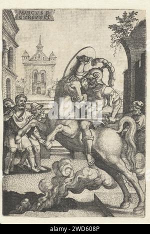 Marcus Curtius plonger dans une gorge, Georg Pencz, 1535 print Marcus Curtius se sacrifie pour combler un grand fossé dans la terre à Rome. En pleine armure et à cheval, il plonge dans la gorge. Allemagne papier gravure de la mort, c'est-à-dire le sacrifice de Marcus (Manlius) Curtius : il saute à cheval dans un gouffre avec des fumées létales Banque D'Images