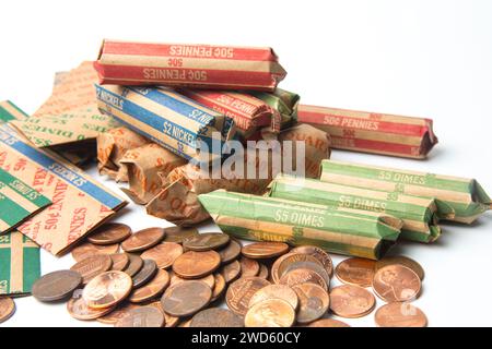 Rouleaux de pièces en papier américains, États-Unis Banque D'Images