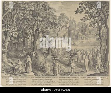 Christ et le centurio, Anonyme, d'après Nicolaes de Bruyn, 1630 - 1702 estampe à Kafarnaüm un centurio romain vient à Christ et lui demande de guérir son serviteur. Le chef a pris son chapeau. À la droite du Christ se trouvent Pierre et Jean. Divers passants dans le paysage. Sous le spectacle le titre en latin, quatre versets de quatre lignes en néerlandais et une référence au texte de la Bible en Mat. 8 : 5. Amsterdam papier gravure le centurion de Capernaum, agenouillé devant Christ, le supplie de guérir son serviteur paralytique (ou fils) (Matthieu 8:5-13, Luc 7:1-10, Jean 4:46-54) Banque D'Images