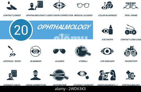 Kit ophtalmologique. Icônes créatives : lentilles de contact, ophtalmologiste, correction de la vision au laser, lunettes médicales, daltonisme, cadre d'essai et plus encore Illustration de Vecteur