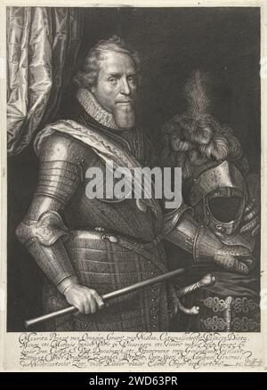 Portrait de Maurits, Prince d'Orange, Willem Jacobsz Delff, d'après Michiel Jansz van Mierevelt, 1607 - 1625 tirage Portrait de Maurits, Prince d'Orange, debout en armure avec commandostaf. Cinq lignes d'inscription latine dans la marge inférieure. Delft gravure sur papier gouvernement national Banque D'Images