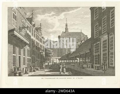 Paysage urbain avec Vismarkt et Grote Kerk ou Sint Jacobskerk à la Haye, Carel Frederik Bendorp (I), d'après Jan Bulthuis, 1786 - 1792 estampe papier gravure église (extérieur). Marché Grande église Banque D'Images