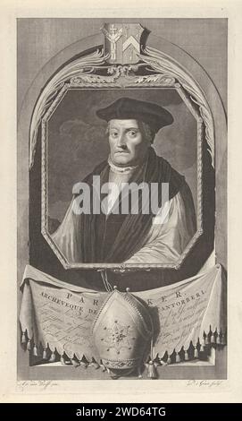 Portrait de Mathew Parker, Pieter van Gunst, d'après Adriaen van der Werff, v. 1669 - 1731 print Matthew Parker, archevêque de Canterbury au début du règne d'Elizabeth I. Son blason au-dessus du portrait. L'estampe a un poème français sur sa vie de foi comme légende. Amsterdam papier gravure / gravure personnes historiques Banque D'Images