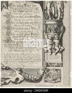 Mozes et Aaron avec les tables de la Loi (feuille en bas à droite), Simon Frisius, 1670 - 1726 impriment le cinquième au dixième commandement des tables de la Loi. En bas à droite un cartouche avec la représentation de Moïse et du serpent de cuivre. Au-dessus, deux putti assis sur un élément décoratif avec un texte chrétien dessus. Imprimeur : Northern Netherlandspublisher : Amsterdam gravure sur papier Moïse (pas dans le contexte biblique) ; attributs possibles : rayons de lumière ou cornes sur sa tête, tige, tables de la Loi. Aaron (pas dans le contexte biblique) ; attributs possibles : attributs d'Aaron : censer, habillé Banque D'Images