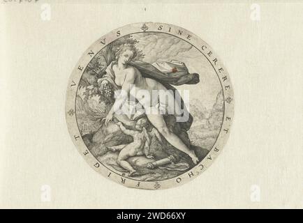 Vénus à Cupidon, Hendrick Goltzius, d'après Agostino Carracci, 1588 - 1592 print spectacle rond de Vénus et Cupido à un arbre. Vénus a une grappe de raisins en main, Cupido lui donne un paquet de grains. En arrière-plan Cérès au milieu des moissonneuses et Bacchus au milieu des vendangeurs. Autour du montrent une marge vide, destinée à un script Edge. Haarlem gravure sur papier Vénus et Cupidon (Cupidon n'étant pas un simple attribut) Banque D'Images